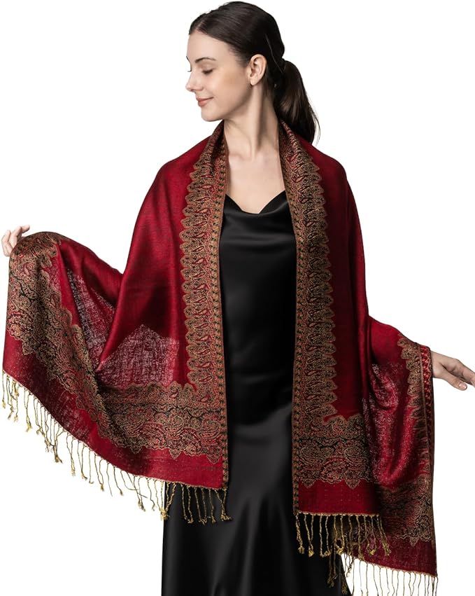 Elegant Reversible Paisley Border Pashmina Shawl Wrap Scarf