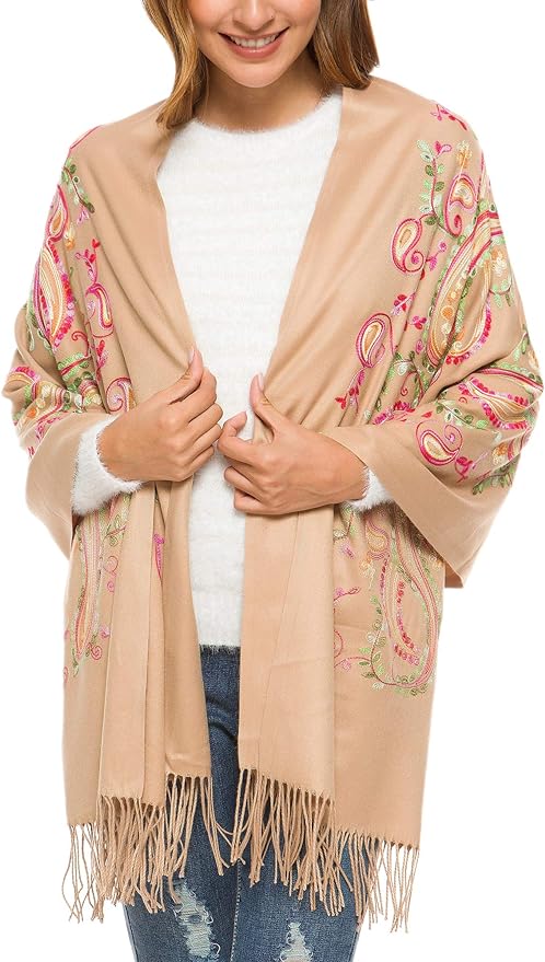 Embroidered Oversize Tassel Shawl Scarf Wraps for Women