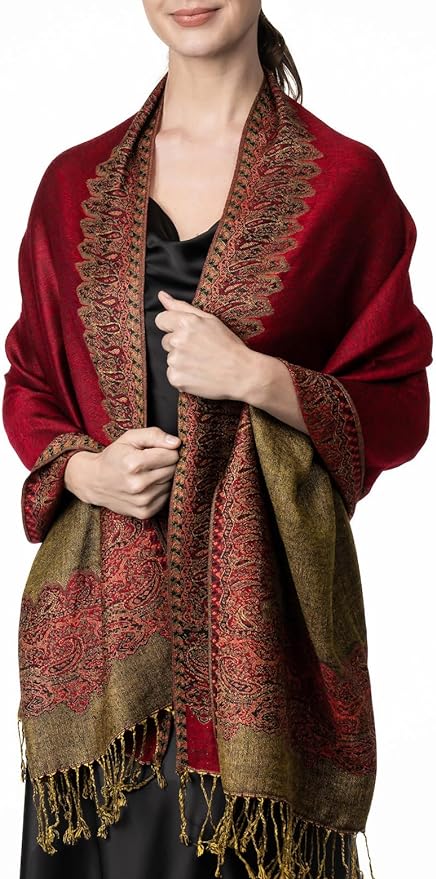 Elegant Reversible Paisley Border Pashmina Shawl Wrap Scarf