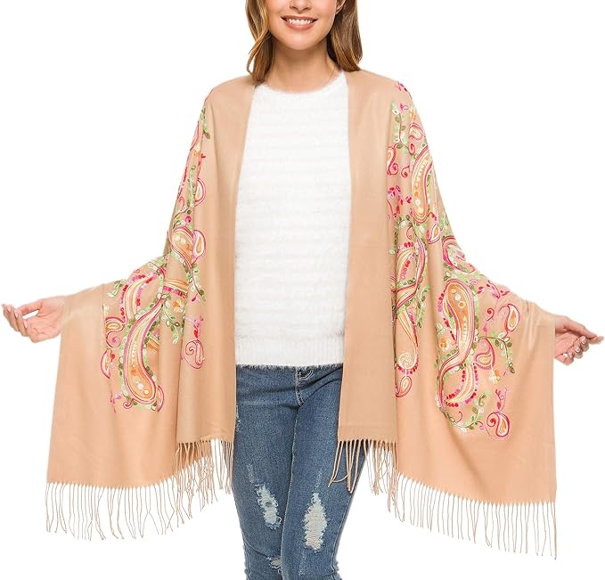 Embroidered Oversize Tassel Shawl Scarf Wraps for Women